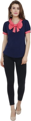 Bhfashion Casual Puff Sleeve Color Block Women Dark Blue Top