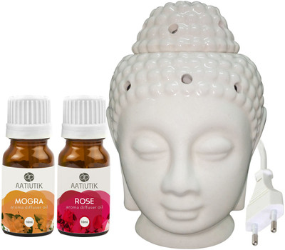 Aatiutik Mogra, Rose Ceramic Buddha Head (Made In India) Electric Aroma Oil with Aroma Diffuser Set AT-EBUDDHAINDIAN-MOG-RS(3 x 6.67 ml)