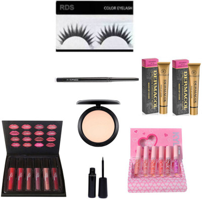 

RDS 2 lipstick , 2 foundation, kajal , compact , linear , eyelahses(Set of 8)
