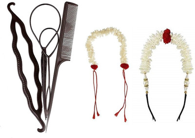 

shivnath enterprises hair bridal bun white veni flower juda bun gajra and diy kit topsy tail braid tool [pack of 5pcs](Set of 5)
