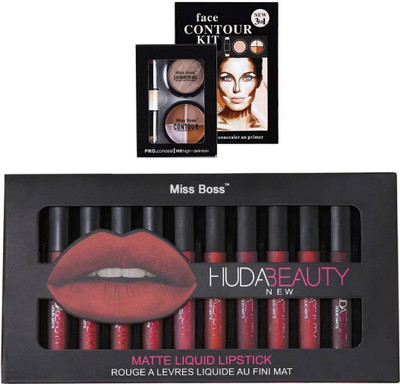 

Miss Boss Huda 12 pcs matte longlasting lipstick tray and kb 3 in 1 contour kit concealer combo(Set of 2)
