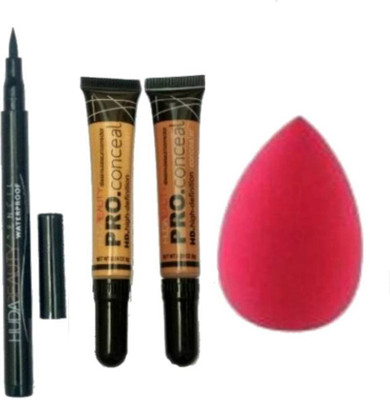 

Huda Beauty COMBO OF YELLOW & ORANGE CONCEALERS WITH LONG LASTING WATERPROOF SKETCH EYELINER WITH SPONGE BLENDER PUFF TO BLEND CONCEALER (Set of 4)(Set of 4)