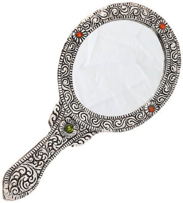 

Tjori Medium Silver Polished Oval Hand Mirror With Semi-Precious Stones