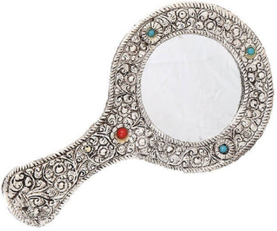 

Tjori Medium Silver Polished Round Hand Mirror With Semi-Precious Stones