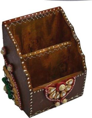 Gaura Art & Crafts 2 Compartments CURVE Handmade Wooden Pen Stand/Holder With Meenakari Work in Multicolour,Showpiece Item(Multicolor)