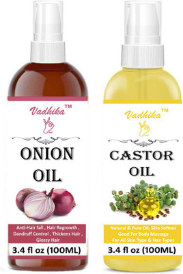 

Vadhika 100% Organic Onion Oil And Cold Pressed Castor Oil For Hair Regrowth And Hair Treatment Oil-(100ml)Pack of-2-Bottles Hair Oil-(200ml) Hair Oil (200 ml) Hair Oil(200 ml)