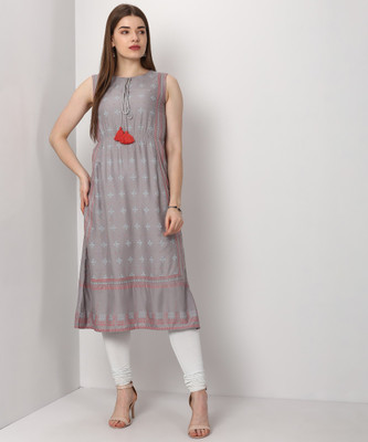 W Women Printed A-line Kurta(Grey)