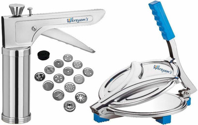 

kreyam's Combo of Premium SS Kithcen Press with 15 SS Jalis and SS Puri/Roti/Papad Maker Machine Roti and Khakra Maker