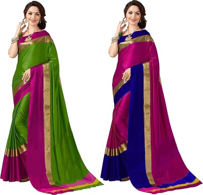 Disha Trends Woven, Solid/Plain Kanjivaram Cotton Silk Saree(Pack of 2, Green, Pink)