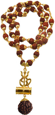 Men Style Brass Beautiful Great Hindu Shiv Om Trishul Kavach Damaru Locket With Panchmukhi Rudraksha Mala Gold-plated Brass, Wood Pendant Set