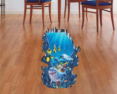 Jump up 59 cm Sea level, shark come out from the hole Self Adhesive Sticker(Pack of 1)