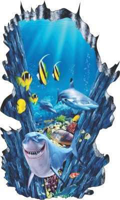 Jagvii 75 cm Sea level, shark come out from hole Self Adhesive Sticker(Pack of 1)