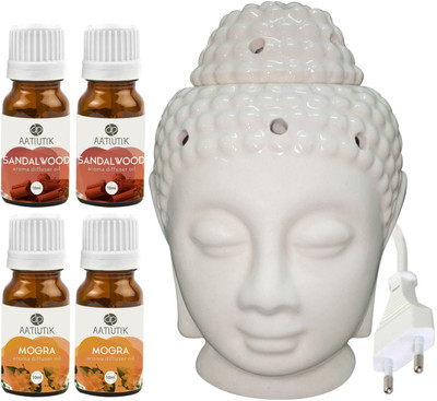 Aatiutik Mogra Aroma Diffuser Oil with Electric Ceramic Buddha Head (Made In India) Aroma, Sandalwood Diffuser Set AT-EBUDDHAINDIAN-2SW-2MOG(5 x 8 ml)