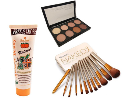 

Miss Boss Natural Apricot Scrub (212 g) and kb concealer kit + naked golden brushes (pack of 12) combo(Set of 3)