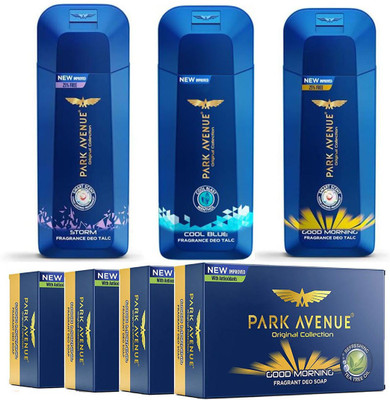 

Park Avenue Talc Cool Blue, Good Morning, Storm Fragrance Deo Talc & Good Morning Fragrance Soap(Set of 7)