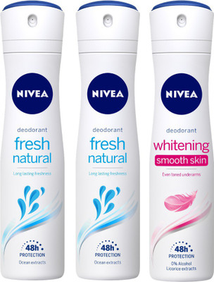 

Nivea Fresh Natural Deodorant & Whitening Smooth Deodorant Body Spray - For Women(450 ml, Pack of 3)