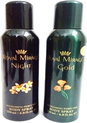

Royal Mirage NIGHT AND GOLD Deodorant Spray - For Men & Women(400 ml, Pack of 2)
