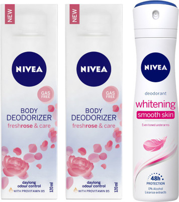 

Nivea Fresh Rose and Care Body Deodorizer & Whitening Smooth Deodorant Body Spray - For Women(390 ml, Pack of 3)