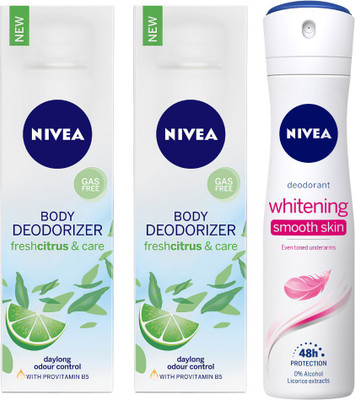 

Nivea Fresh Citrus and Care Body Deodorizer & Whitening Smooth Deodorant Body Spray - For Women(390 ml, Pack of 3)