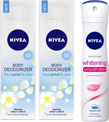 

Nivea Fresh Petal and Care Body Deodorizer & Whitening Smooth Deodorant Body Spray - For Women(390 ml, Pack of 3)