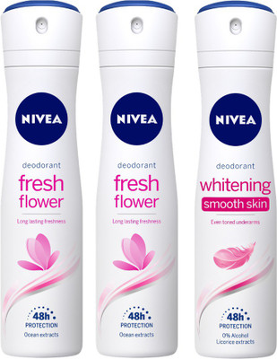 

Nivea Fresh Flower Deodorant & Whitening Smooth Deodorant Body Spray - For Women(450 ml, Pack of 3)