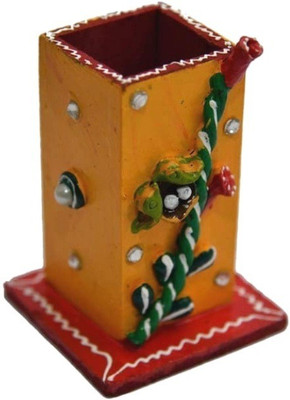 Gaura Art & Crafts 1 Compartments Handmade Wooden Pen Stand/Holder in Multicolour,Showpiece Item PEN HOLDER(Multicolor)