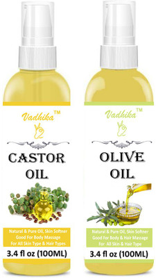 

Vadhika 100% Pure Extra Light Olive Oil and Cold Pressed Castor Oil - For Hair Growth & Glowing Skin Organic-Combo of 2 No.100 ml Bottles(200 ml) Hair Oil (200 ml) Hair Oil (200 ml) Hair Oil(200 ml)
