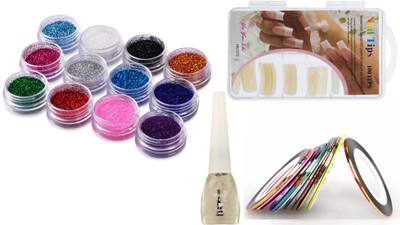 

Looks United 100 ABS Artificial Nails, 12 Color Nail Glitter, 10 Nail Art Striping Tape Rolls, 1 Top Coat(Multi)