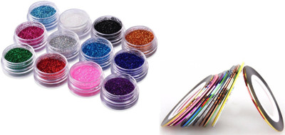 

Looks United 12 Color Nail Art Glitter And 10 Nail Art Striping Tape Rolls(Mix Color)