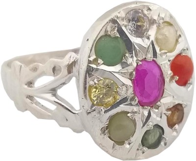 RS JEWELLERS RS Jewellers 92.5 Sterling Silver 5.408 Gram Natural Certified Navratna Stone Nine Planets Adjustable Ring for Men and Boys Metal Sapphire Gold Plated Ring