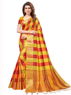 Ratnavati Checkered Bollywood Cotton Blend Saree(Yellow)