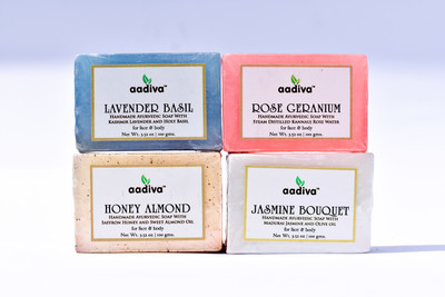 

AADIVA unisex Handmade Soaps Combo| honey almond | jasmine bouquet |rose geranium | lavender basil(100 g, Pack of 4)