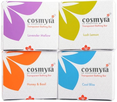 

COSMYRA Combo Pack of 4 Transparent Bathing Soaps : 100 g each (Cool Bliss, Lush Lemon, Lavender Mellow, Honey & Basil)(400 g, Pack of 4)