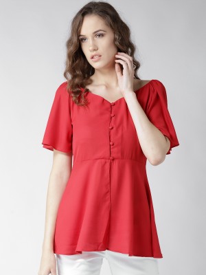 Style Quotient Casual Flared Sleeve Solid Women Red Top