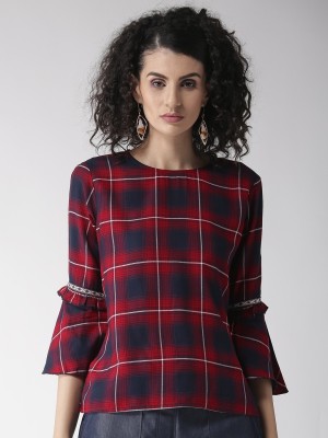 Style Quotient Casual Bell Sleeve Checkered Women Red, Blue Top