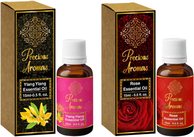 

Precious Aromas Pure Rose & Ylang- Ylang Essential Oil Pack of 2, 100% Natural and Therapeutic Grade(15 ml)