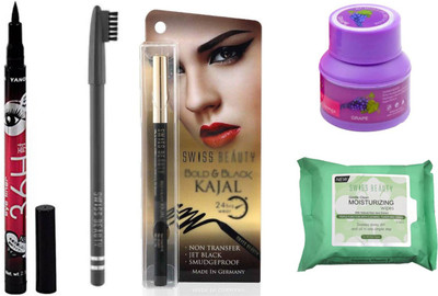 

Rtb Bold & Black Kajal, Black Eyeliner, Dark Grey Eyebrow Pencil, Dip&twist Nail Polish Remover With Makeup Remover Wipes(Set of 5)
