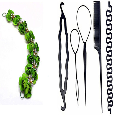 

shivnath enterprises hair green juda bun gajra flower and snake french diy kit tool[pack of 6pcs](Set of 6)