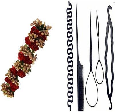 

shivnath enterprises hair red flower juda gajra and diy kit toll [pack of 6pcs](Set of 6)