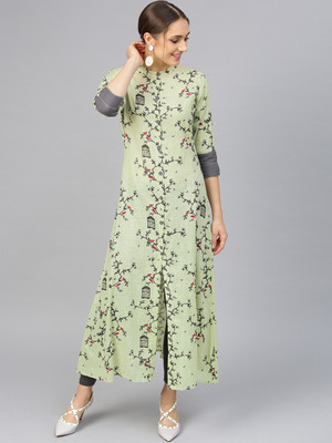 Idalia Women Printed Frontslit Kurta(Green)