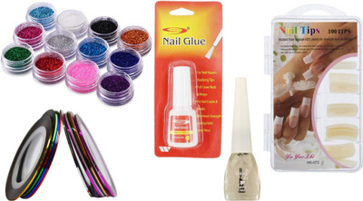 

Looks United 100 ABS Artificial Nails, 12 Color Nail Glitter, 10 Nail Art Striping Tape Rolls, 1 Top Coat, 1 Nail Glue(Multi)