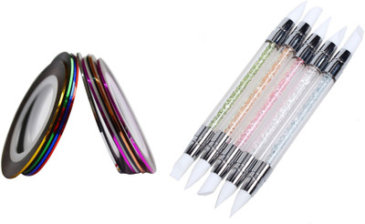 

Looks United 5 pieces 2 Way Silicone Head Acrylic Handle Nails Brush Carving Dotting Painting Pen With 10 Nail Art Striping Tape Rolls(Multi)