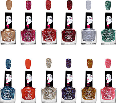 

Lips & Tips Gel Based Glitter Finish Nail Polish Combo set of 12 -Silver,Golden,Red,Pink Etc . Multicolor(Pack of 12)