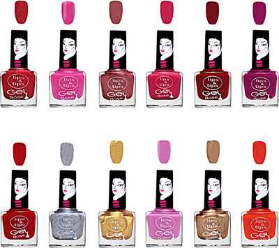 

Lips & Tips Gel Based Long Lasting Nail Polish Combo set of 12-Red,Pink,Maroon, Orange, etc Multicolor(Pack of 12)