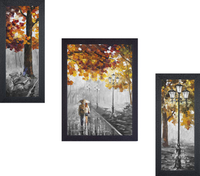 Masstone Romantic Couple Street View Modern Art UV Matt Textured Set of 3 Digital Reprint 13.5 inch x 22.5 inch Painting(With Frame)