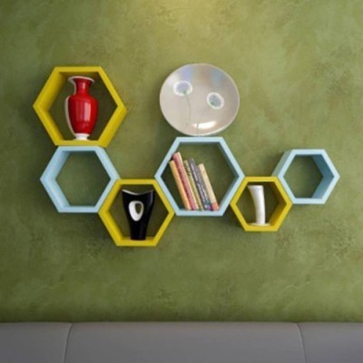 OnlineCraft wooden rack shelf Wooden Wall Shelf(Number of Shelves - 6, Blue, Yellow, Multicolor)