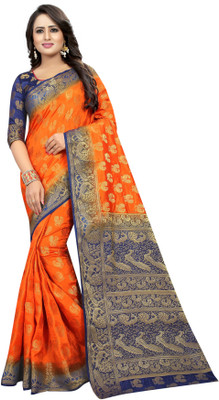FINEWEAR Self Design Kanjivaram Cotton Silk Saree(Orange)