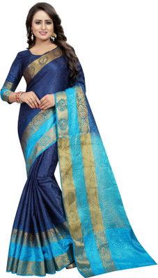 Perfect Wear Self Design Patola Cotton Silk Saree(Blue)