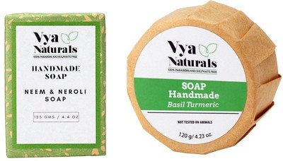 

Vya Naturals Neem Neroli Handmade Soap (125g) & Basil Turmeric Handmade Soap Bar (120 g) ( Set of 2)(245 g, Pack of 2)