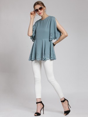 PLUSS Casual Cap Sleeve Solid Women Blue Top